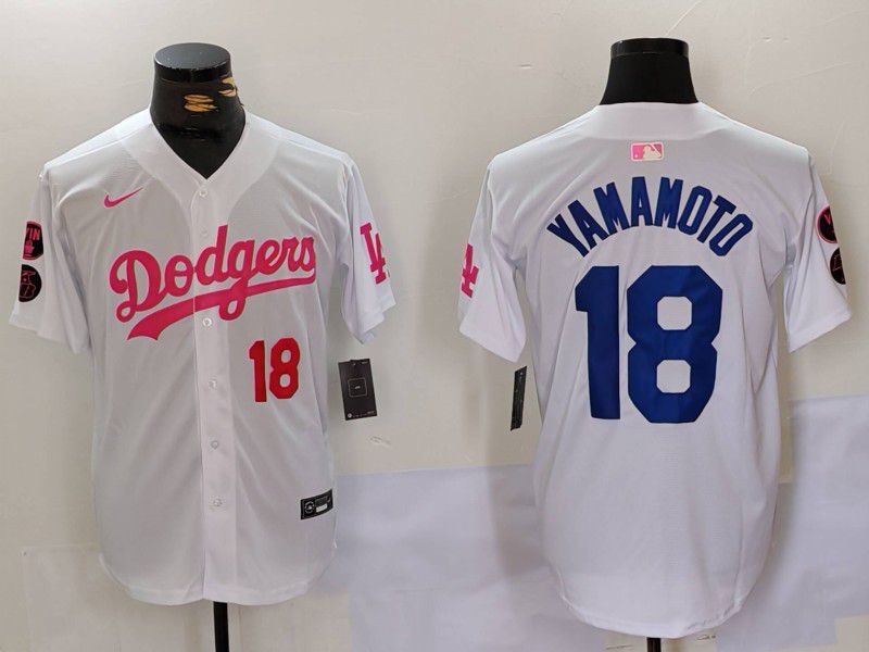 Men Los Angeles Dodgers #18 Yamamoto White pink joint name 2024 Nike MLB Jersey style 2->los angeles dodgers->MLB Jersey